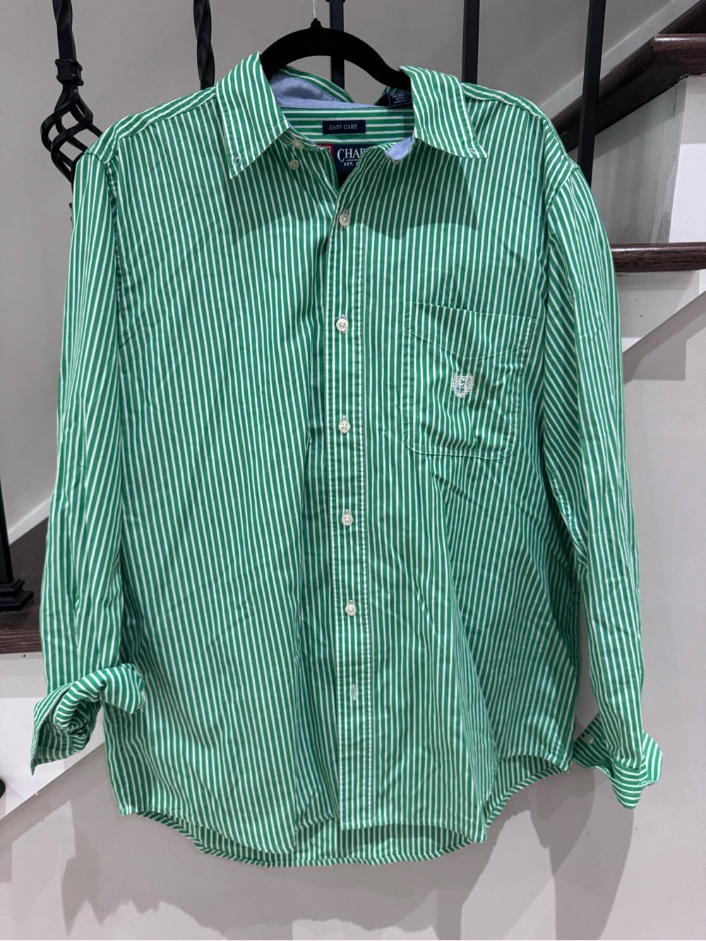 Chaps Unisex Green and White Striped Button-Down Shirt